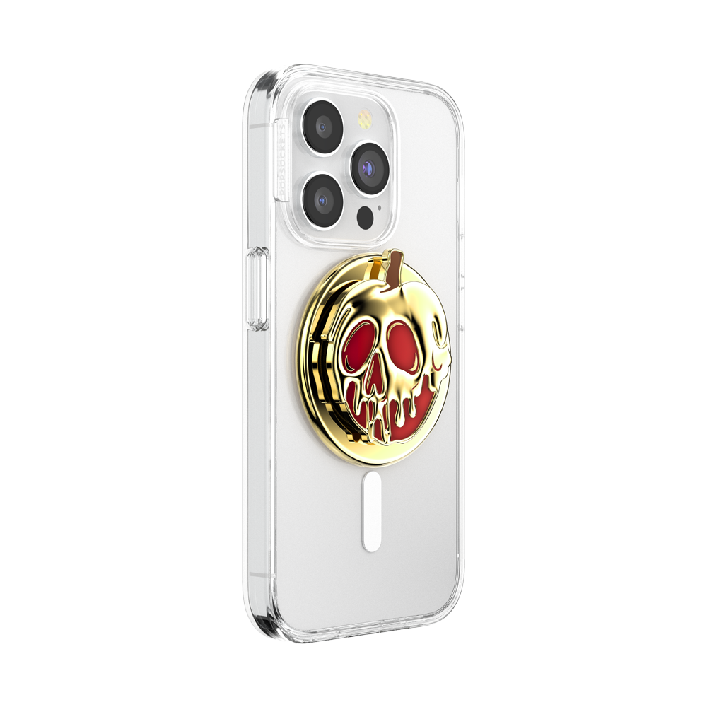 Phone case with a gold and red skull design on a white background