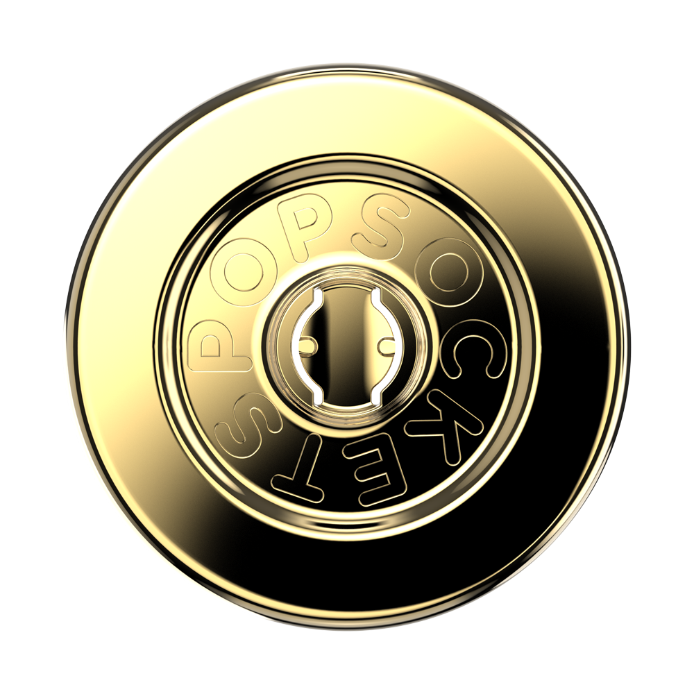 A round gold metal pop socket with a keyhole cutout in the center, featuring embossed text that reads 'POP SOCKETS' on a plain white background.