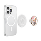 A clear MagSafe-compatible phone case shown on a smartphone, with a separate clear circular magnetic ring insert and a round pop socket featuring a cartoon cat illustration with pink and gold details, all on a white background.