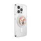 A clear protective phone case with a built-in circular PopSocket-style grip on the back, featuring a cartoon cat illustration with pink and gold accents. The case is shown on a white background.