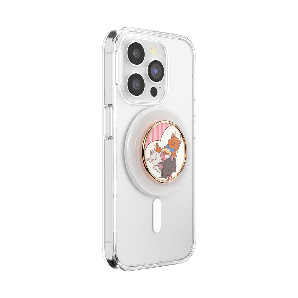 A clear protective phone case with a built-in circular PopSocket-style grip on the back, featuring a cartoon cat illustration with pink and gold accents. The case is shown on a white background.