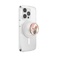 A clear protective phone case on a smartphone, featuring a circular PopSocket-style grip with a cartoon cat illustration and a gold-toned ring, shown on a plain white background.