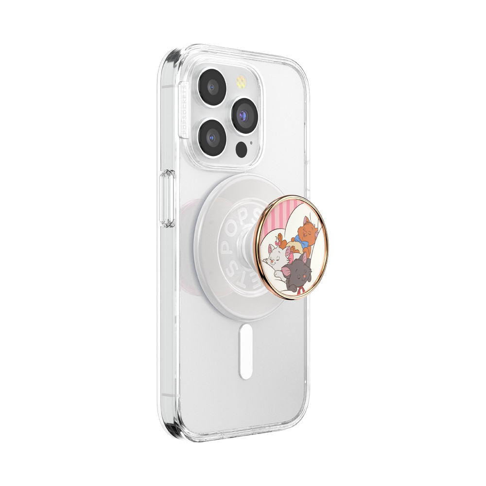 A clear protective phone case on a smartphone, featuring a circular PopSocket-style grip with a cartoon cat illustration and a gold-toned ring, shown on a plain white background.