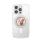 Clear phone case with a circular PopSocket-style holder featuring a cartoon cat illustration, shown on a white smartphone against a light gray background.