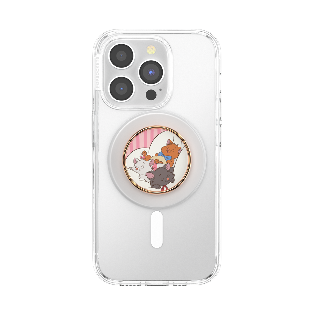 Clear phone case with a circular PopSocket-style holder featuring a cartoon cat illustration, shown on a white smartphone against a light gray background.