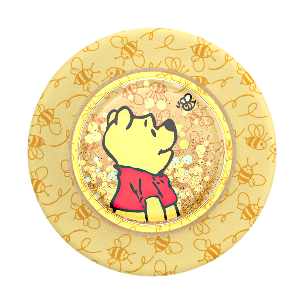 Circular decorative item with a cartoon character and bee patterns on a yellow background
