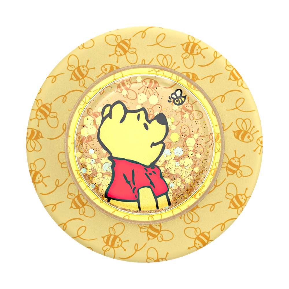 Circular decorative item with a cartoon character and bee patterns on a yellow background