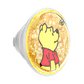 A round clear plastic cup or tumbler with a printed Winnie the Pooh design, featuring a yellow bear in a red shirt on a glittery gold background, with a white screw-on base visible on the left.