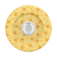A round yellow silicone or rubber product, likely a bottle stopper or cap, featuring a repeating pattern of orange cartoon bees and swirls, with a white circular center.