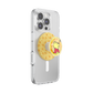 A clear protective phone case on a smartphone, featuring a round yellow Pop-Sockets grip with a Winnie the Pooh bear illustration.