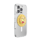 A clear protective phone case on a silver smartphone, featuring a circular yellow and orange patterned pop socket with a cartoon character on the back.