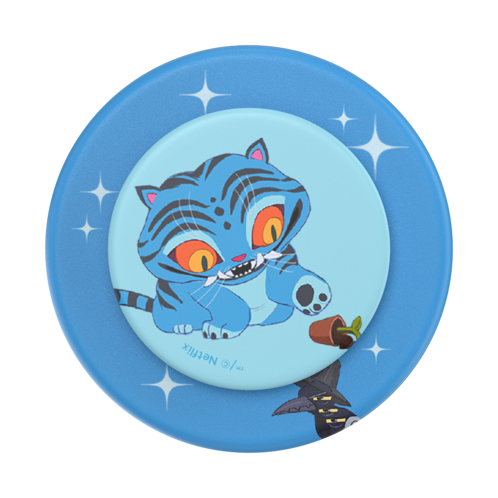 A circular blue phone grip or coaster featuring a cartoon illustration of a blue tiger cat with orange eyes and a small witch hat, on a white background.