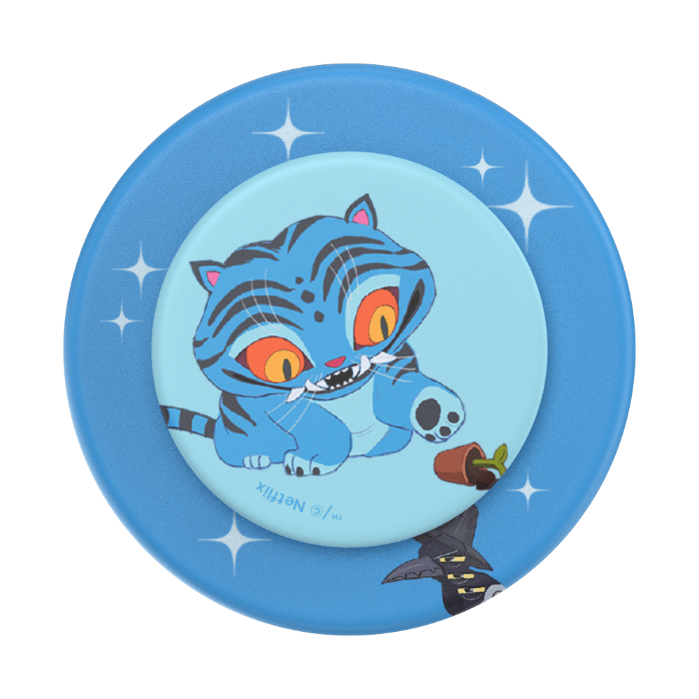 A circular blue phone grip or coaster featuring a cartoon illustration of a blue tiger cat with orange eyes and a small witch hat, on a white background.