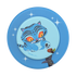A circular blue phone grip or coaster featuring a cartoon illustration of a blue tiger cat with orange eyes and a small witch hat, on a white background.