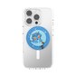 A clear phone case on a silver smartphone, featuring a circular blue pop socket with a cartoon blue cat riding a broomstick under a starry night sky.