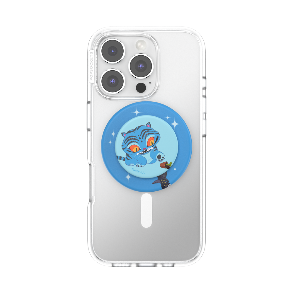 A clear phone case on a silver smartphone, featuring a circular blue pop socket with a cartoon blue cat riding a broomstick under a starry night sky.