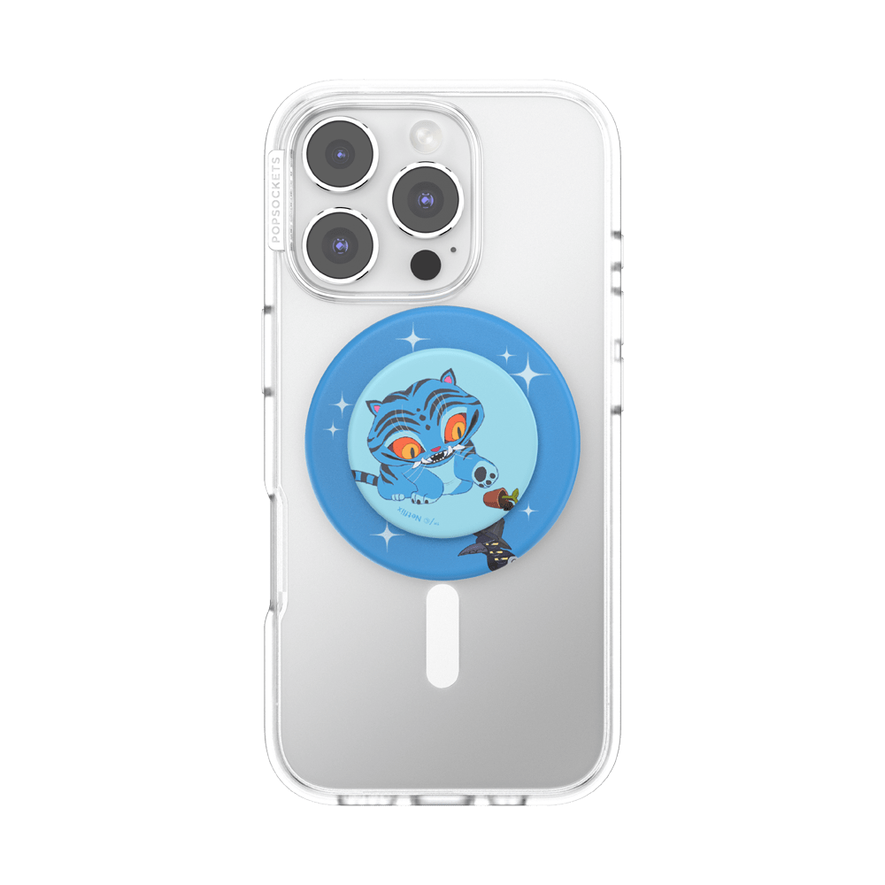 A clear phone case on a silver smartphone, featuring a circular blue pop socket with a cartoon blue cat riding a broomstick under a starry night sky.