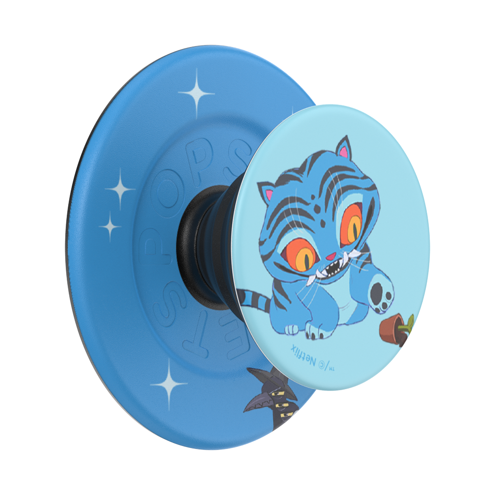 A blue PopSockets phone grip with a cartoon tiger character printed on the flip-up top. The grip features a blue textured base with white star accents and a light blue flip-up section displaying a blue tiger with orange eyes.