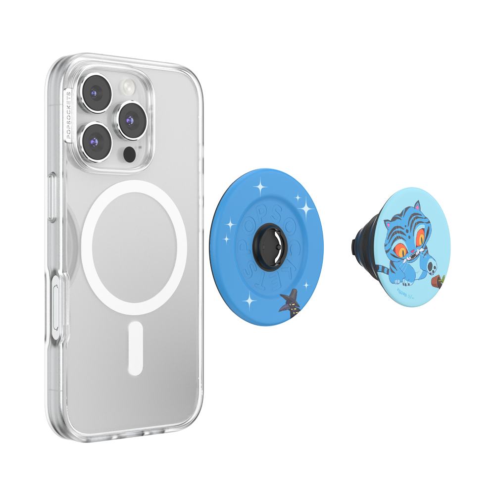 A clear MagSafe-compatible phone case shown on a smartphone, alongside two round pop socket grips: one blue with white star graphics and one light blue featuring a cartoon cat character.