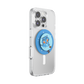 A clear protective phone case on a silver smartphone, featuring a circular blue PopSocket-style grip with a cartoon blue creature illustration.