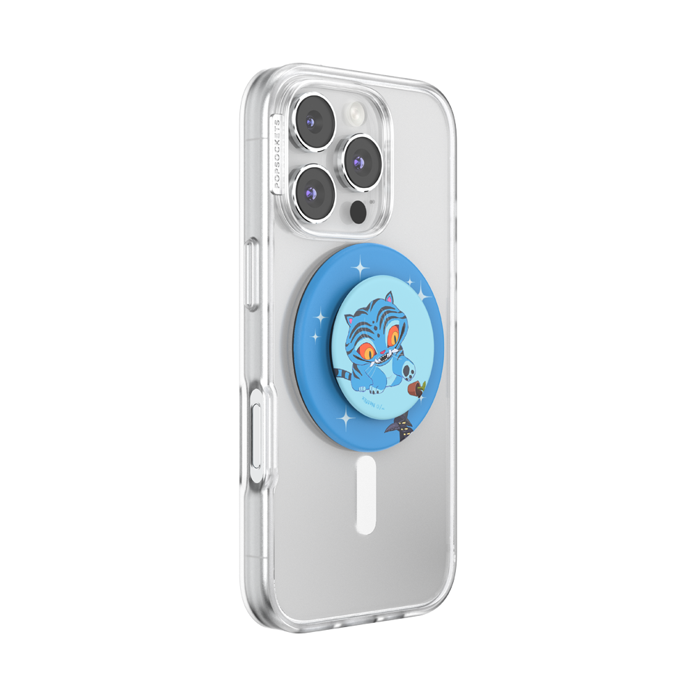 A clear protective phone case on a silver smartphone, featuring a circular blue PopSocket-style grip with a cartoon blue creature illustration.