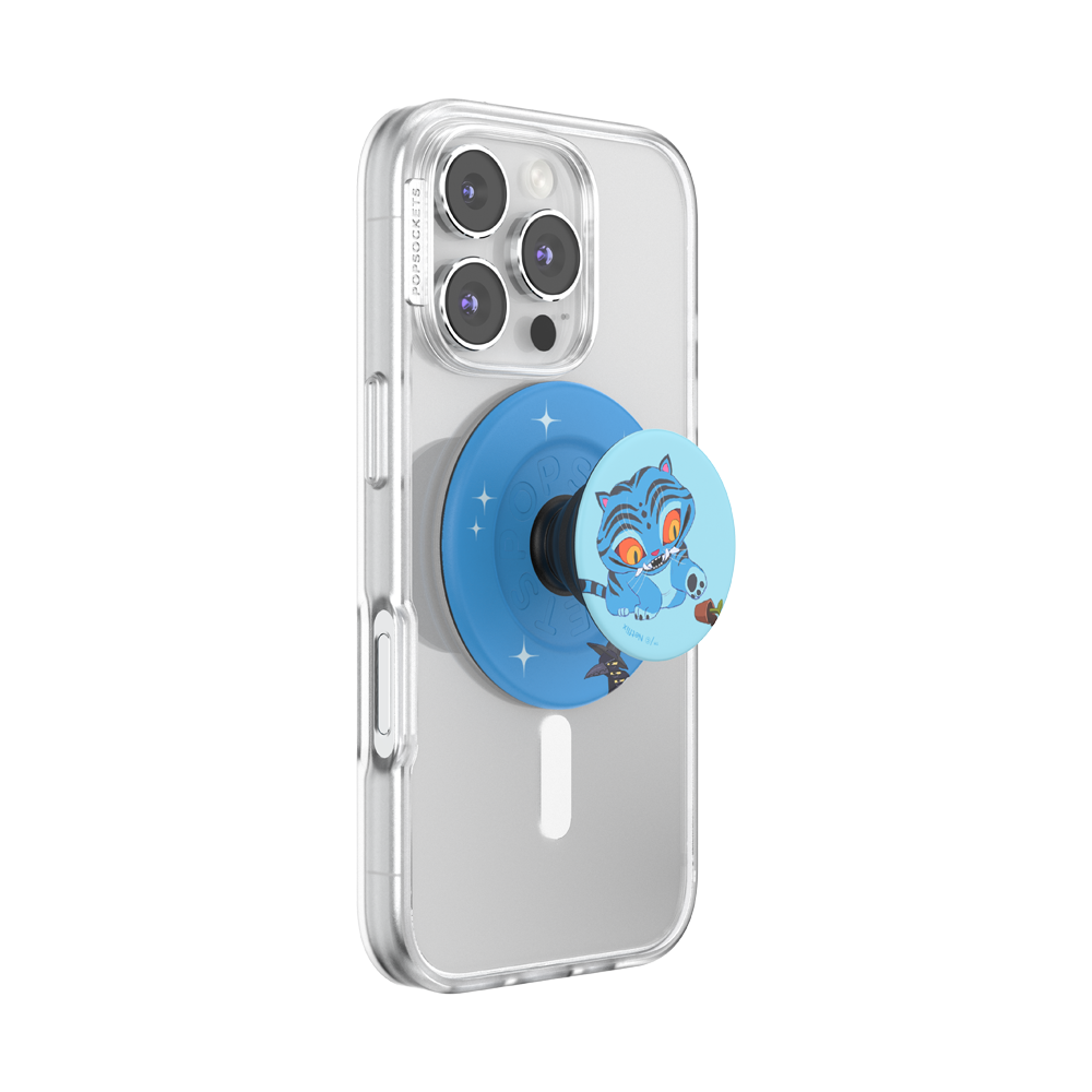A clear protective phone case on a smartphone, featuring a blue circular pop socket with a cartoon blue creature holding a small red heart under a crescent moon.