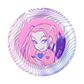 A round pin-back button badge featuring a pink and purple illustration of a cartoon girl with cat ears, surrounded by a wavy purple and blue outer ring on a white background.