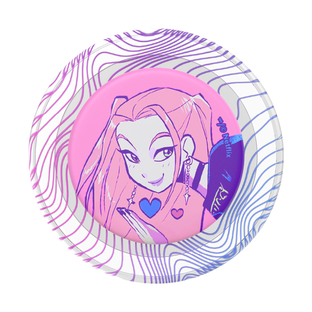 A round pin-back button badge featuring a pink and purple illustration of a cartoon girl with cat ears, surrounded by a wavy purple and blue outer ring on a white background.