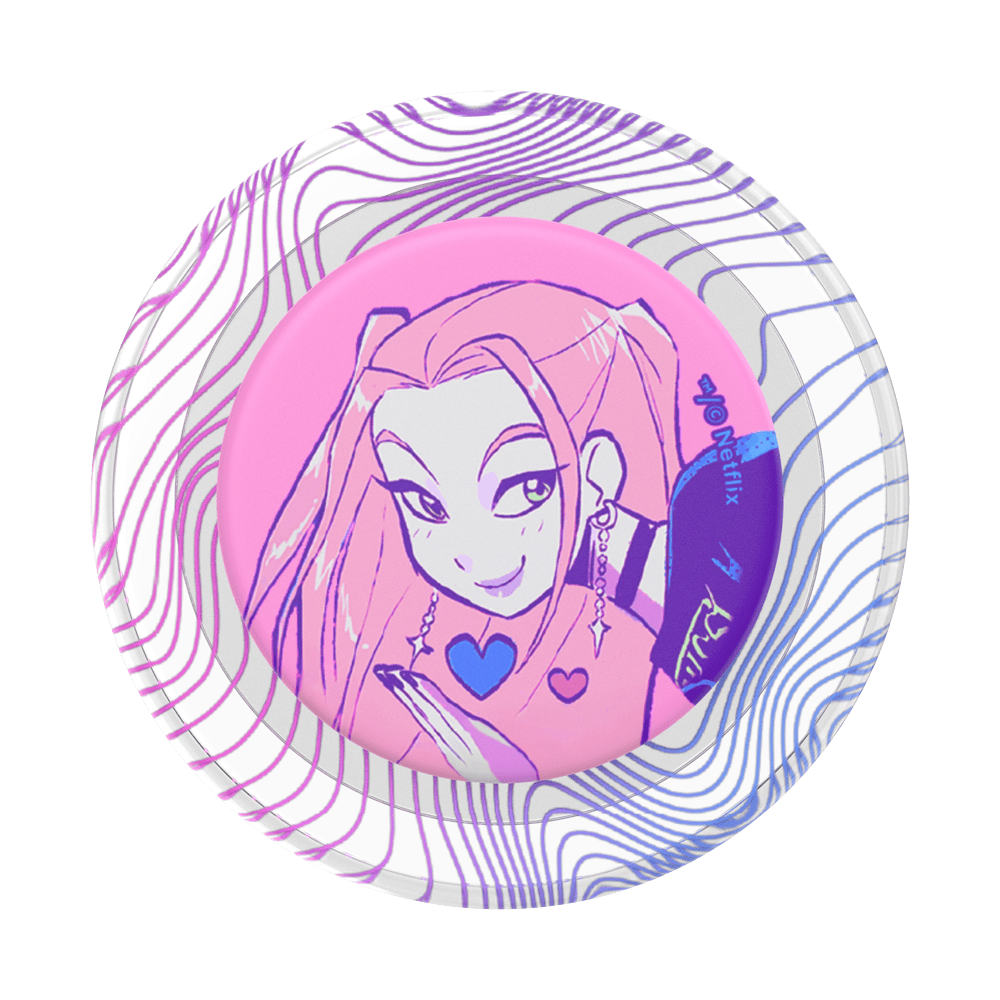 A round pin-back button badge featuring a pink and purple illustration of a cartoon girl with cat ears, surrounded by a wavy purple and blue outer ring on a white background.