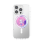 A clear protective phone case for an iPhone, featuring a circular graphic of a pink-haired anime character with a purple phone, displayed on a clean white background.