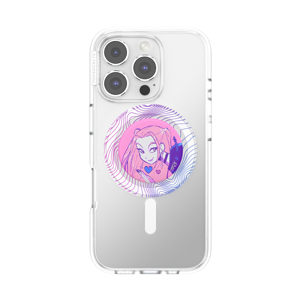 A clear protective phone case for an iPhone, featuring a circular graphic of a pink-haired anime character with a purple phone, displayed on a clean white background.