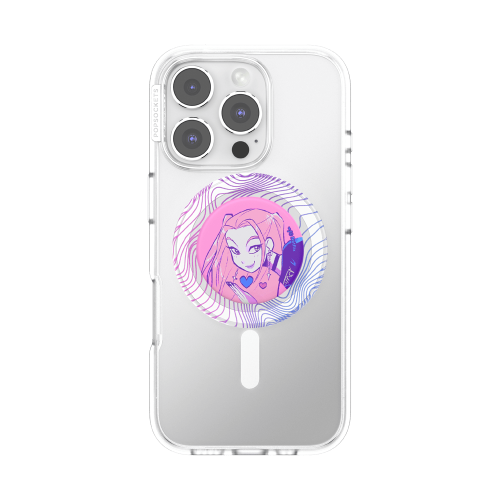 A clear protective phone case for an iPhone, featuring a circular graphic of a pink-haired anime character with a purple phone, displayed on a clean white background.
