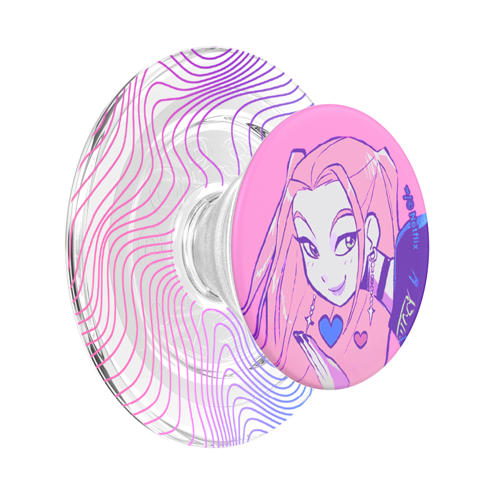 A clear acrylic phone grip with pink and purple wavy line patterns on the underside and a circular pink graphic featuring a stylized anime character on the top.
