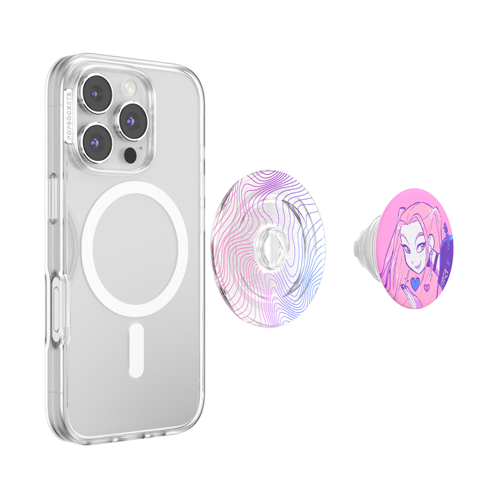 A clear protective phone case with a MagSafe ring, shown alongside two interchangeable pop-swap grips: one with a pink and purple abstract wave pattern and one featuring a cartoon girl illustration on a pink background.