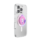 A clear protective phone case for an iPhone, featuring a circular PopSockets grip on the back with a pink and purple anime character illustration.