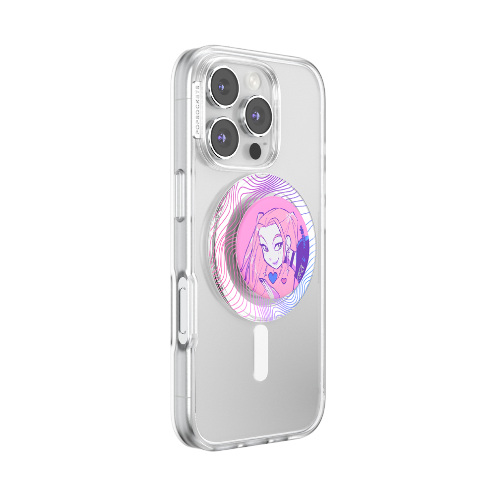 A clear protective phone case for an iPhone, featuring a circular PopSockets grip on the back with a pink and purple anime character illustration.