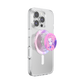 A clear protective phone case on a silver smartphone, featuring a circular pink and purple PopSockets grip with an illustrated character design.
