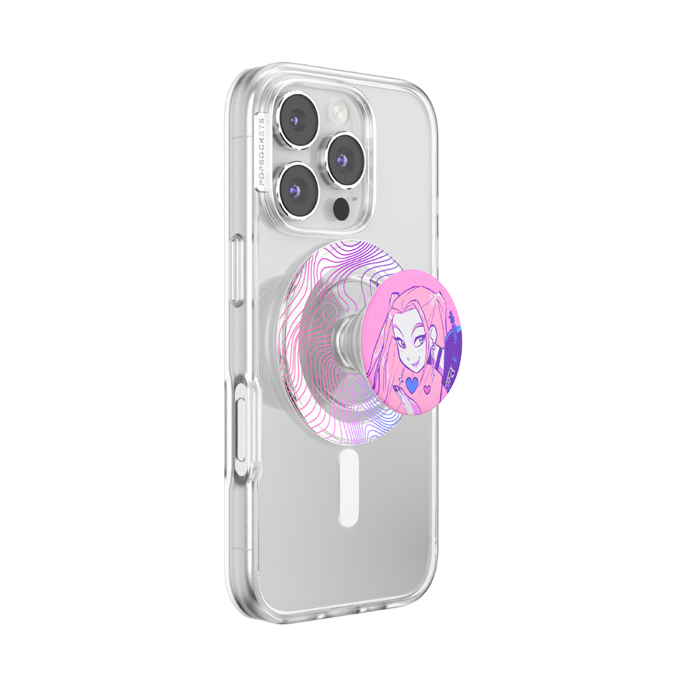 A clear protective phone case on a silver smartphone, featuring a circular pink and purple PopSockets grip with an illustrated character design.
