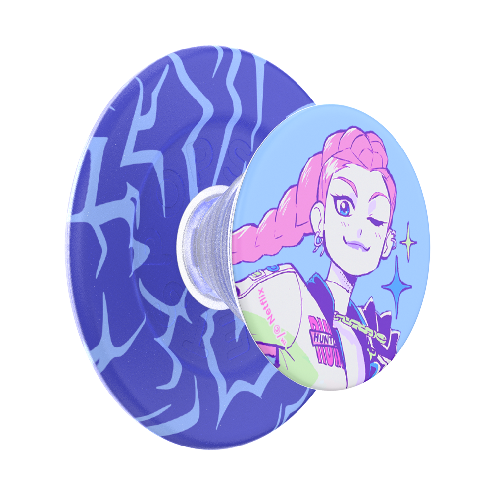A circular pop socket featuring a stylized illustration of a pink-haired character on the front and a blue and purple abstract pattern on the back, shown against a plain white background.