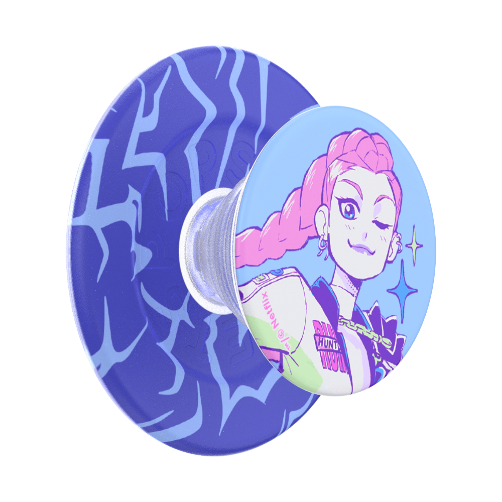 A circular pop socket featuring a stylized illustration of a pink-haired character on the front and a blue and purple abstract pattern on the back, shown against a plain white background.