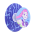 A circular pop socket featuring a stylized illustration of a pink-haired character on the front and a blue and purple abstract pattern on the back, shown against a plain white background.