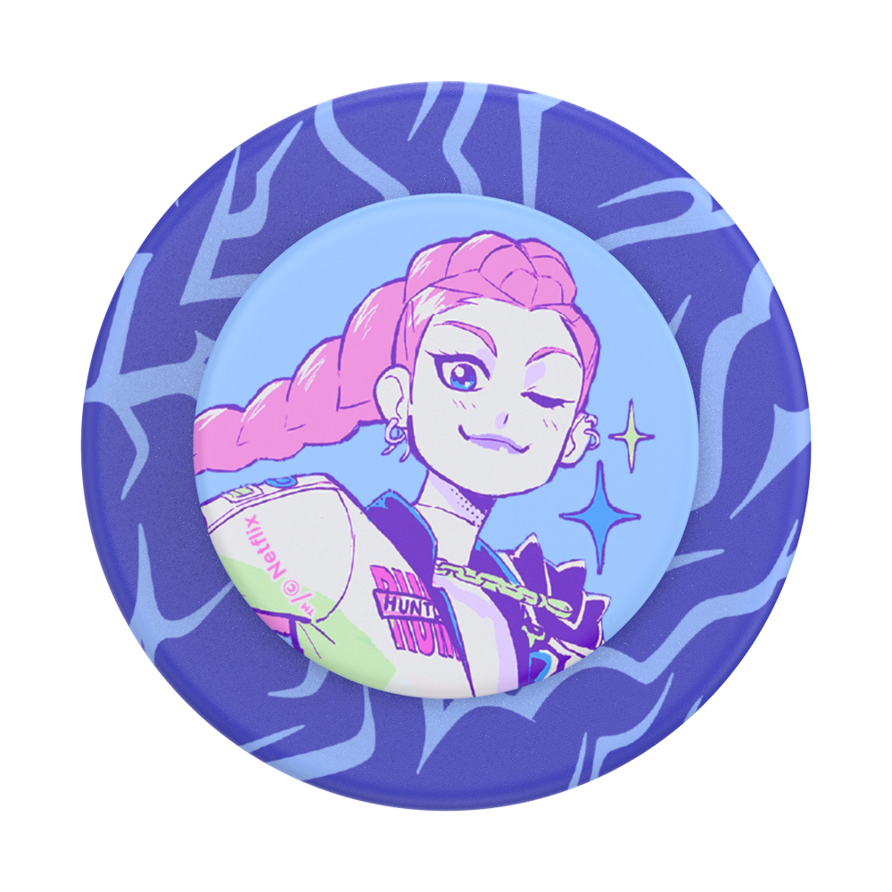 A circular collectible pin badge featuring a stylized anime character with pink hair, set against a blue and purple patterned background.