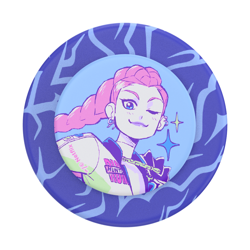 A circular collectible pin badge featuring a stylized anime character with pink hair, set against a blue and purple patterned background.