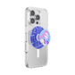 A clear protective phone case on a smartphone, featuring a blue and purple patterned PopSockets grip with a circular character illustration.