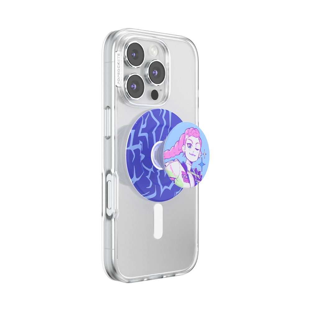 A clear protective phone case on a smartphone, featuring a blue and purple patterned PopSockets grip with a circular character illustration.