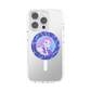 A clear protective phone case on a silver smartphone, featuring a circular PopSockets grip with a cartoon illustration of a pink-haired character on a blue background.