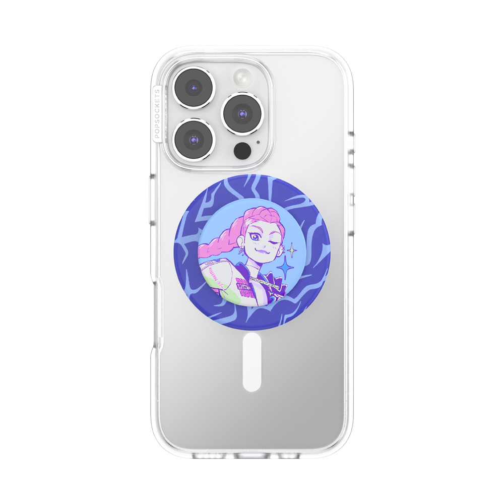 A clear protective phone case on a silver smartphone, featuring a circular PopSockets grip with a cartoon illustration of a pink-haired character on a blue background.