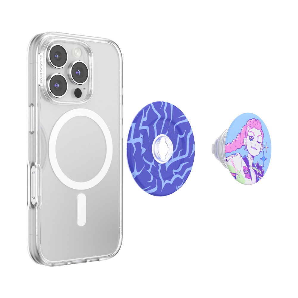 A clear protective phone case shown on a smartphone, with two detachable circular accessories displayed beside it: one blue patterned ring and one round pop socket featuring a pink-haired illustrated character.