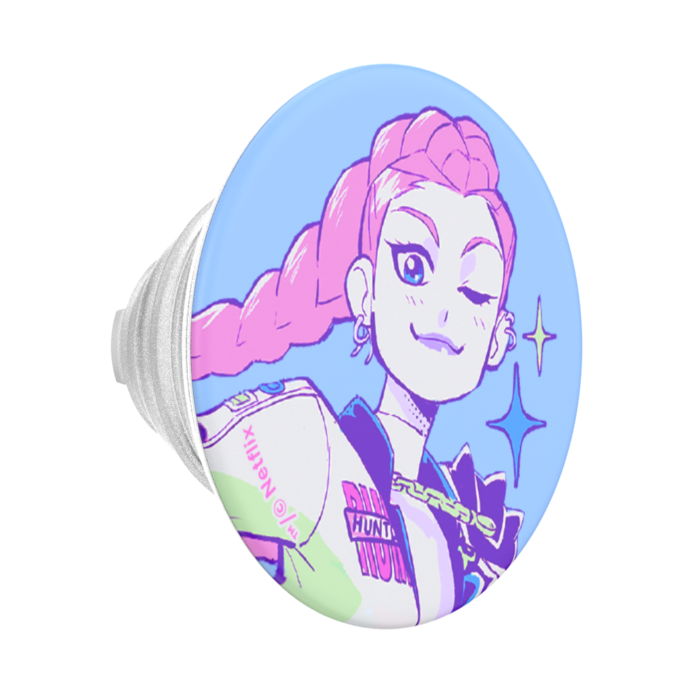 An oval-shaped pop socket featuring a stylized graphic illustration of a winking girl with pink hair, set against a light blue background.