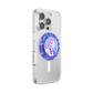 A clear protective phone case on a silver smartphone, featuring a circular PopSocket-style grip with a blue and purple graphic of a pink-haired character.
